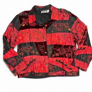 Vintage Chicos Design Jacket Size 2 Red Black Silk Velvet Patchwork Embroidered